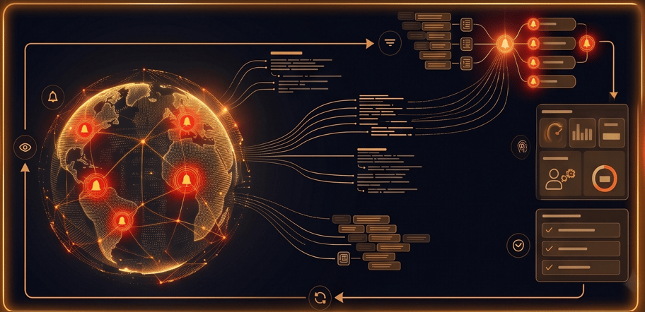 Panel ejecutivo con mapas, indicadores y seguimiento de señales en interfaz oscura